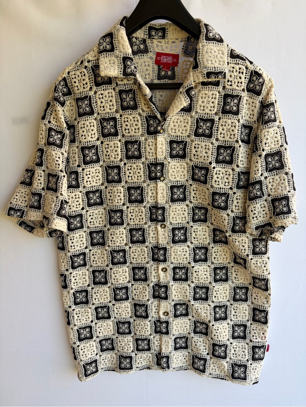 Stacy Adams Black Ivory Crochet Woven Open Collar Button Down Shirt Large